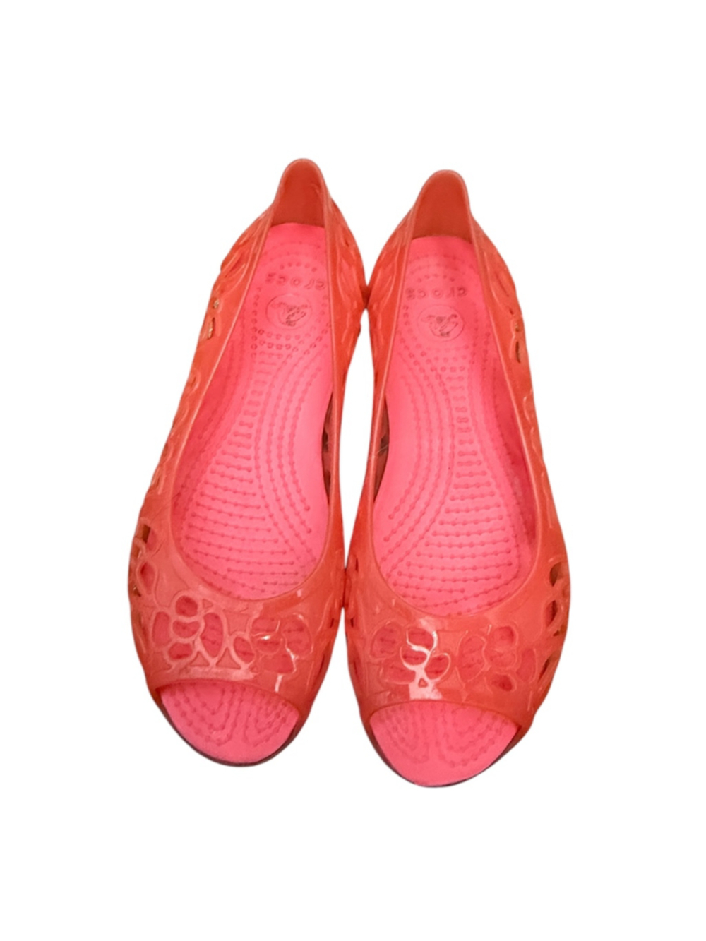 Crocs Girls Pink Coral Jelly Peep Toe Flats Water Shoes Size J2 C2 - Picture 2 of 8